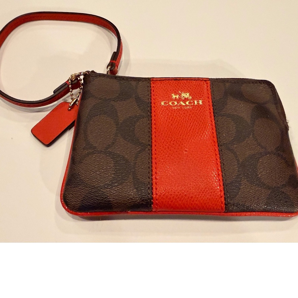 Coach Signature Brown and Orange Stripe Corner Zip Wristlet Small Bag